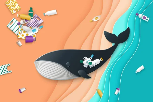 Whale swallowed the plastic garbage, it is thrown ashore Environmental pollution — Stock Vector