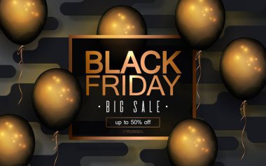 Black Friday sale banner, abstract background, golden balloon, vector clipart