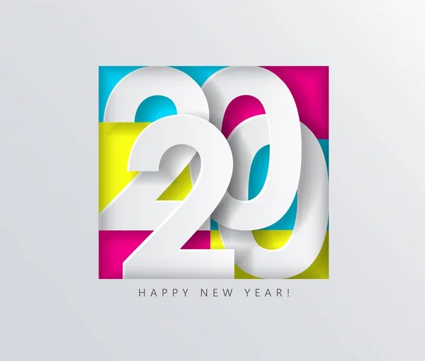 2020 Happy New Year, white volumetric numbers on colored geometric background — Stock Vector