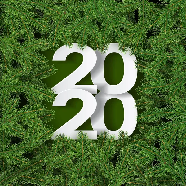 2020 Felice anno nuovo, numero volumetrico bianco, rami realistici dell'albero di Natale — Vettoriale Stock