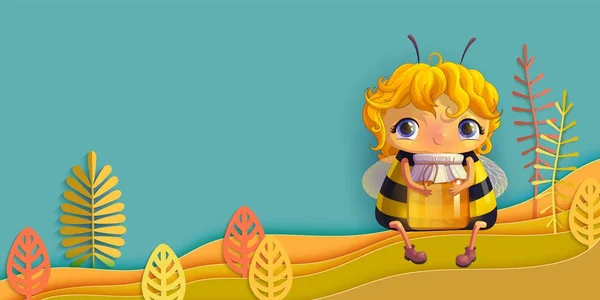 Funny Bee med en burk honung sitter på en äng. Sommar REA höst rabatt — Stock vektor