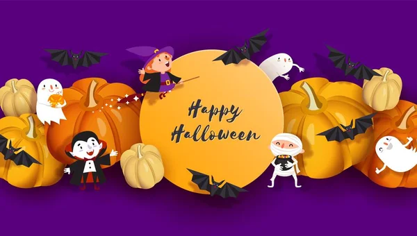 Gelukkig Halloween ontwerp. 3D heks, vampier, vleermuis, pompoen, mummie, Ghost, maan — Stockvector