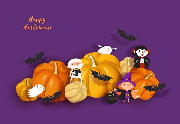 Fröhliches Halloween-Design. 3D-Papierschnitthexe, Ghul, Vampir, Fledermaus, Kürbis, Mumie — Stockvektor