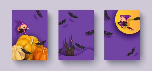 Happy Halloween 3D-design, papper skära pumpa, häxa, vampyr, bat, månen — Stock vektor