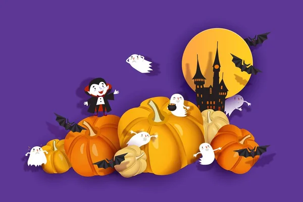 Halloween 3D-Design, Papercut Ghul, Vampir, Fledermaus, Kürbis, Spuk, Burg — Stockvektor