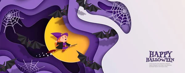 Diseño en capas de corte en papel 3D de Halloween. Bruja, palo de escoba, luna, murciélagos, telaraña — Vector de stock
