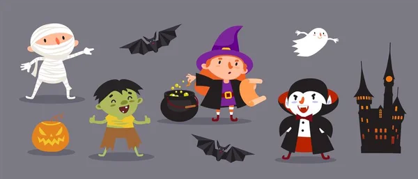 Happy Halloween, Hexe, Vampir, Mumie, Gespenst, Tote, Geist, Fledermaus, Burg, Kürbis — Stockvektor