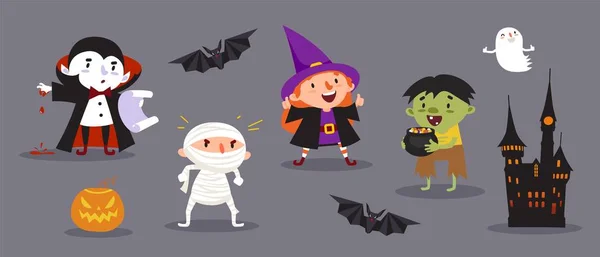 Joyeux Halloween, sorcière, vampire, momie, goule, mort, fantôme, chauve-souris, château, citrouille — Image vectorielle