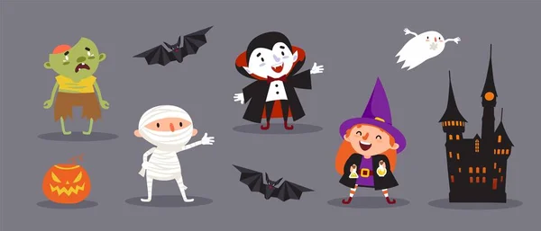 Feliz Halloween, bruja, vampiro, momia, demonio, muerto, fantasma, murciélago, castillo, calabaza — Vector de stock