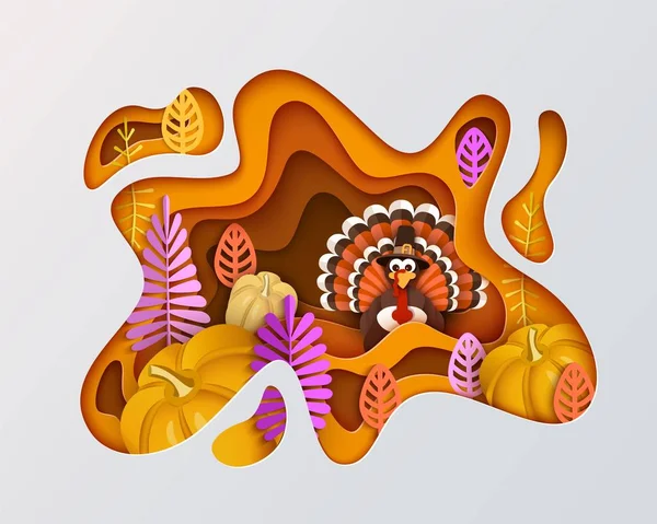 Felice Ringraziamento arancione strato sfondo. Turchia, zucca, foglie autunnali, disegno vettoriale — Vettoriale Stock