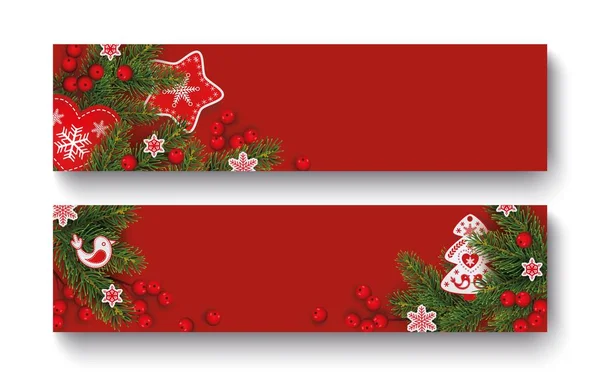 Christmas Scandinavian horizontal banner with xmas tree branch, holly berries, heart, bird, snowflake — Stock Vector