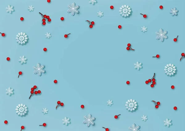 Modello di Natale e Capodanno, fiocco di neve decorativo, bacche di agrifoglio blu — Vettoriale Stock