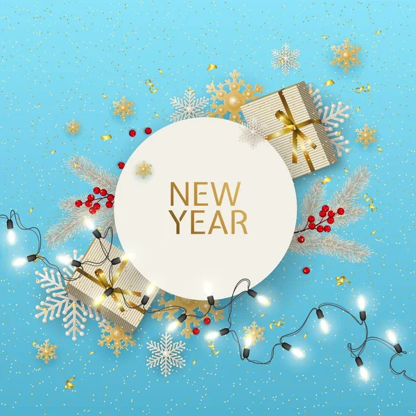 Ano Novo Natal azul cartão de felicitações douradas. Presente, ramo de abeto, azevinho berriy, floco de neve, lâmpada —  Vetores de Stock