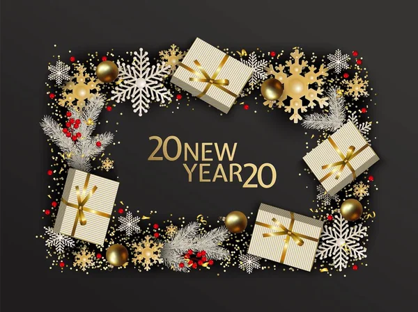Nyår jul ram med presentask, boll, Holly Berry, snowflake, Branch spruce, glödlampa — Stock vektor