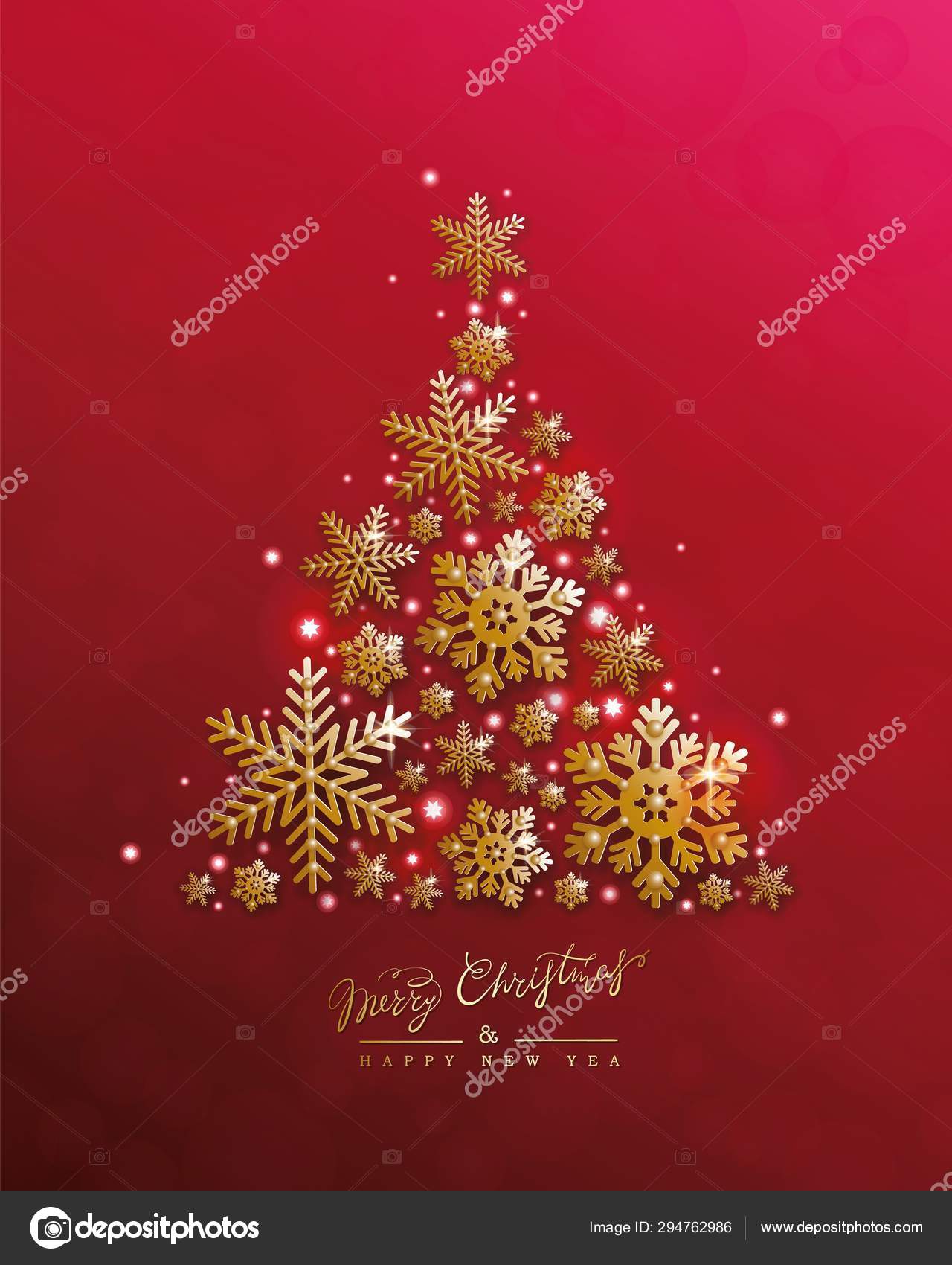 크리스마스 트리, 황금 눈송이, 조명, 빨간색 배경. 새해 벡터 디자인 스톡 벡터 - ©SMSka 294762986, image size:1280x1700