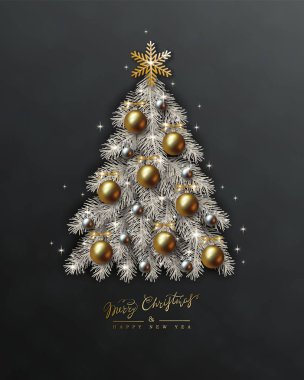 Yeni yıl ve Noel tasarımı, Noel ağacı, beyaz dal, siyah altın gümüş top