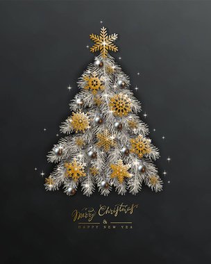 Yeni yıl Noel tasarımı, beyaz dalları Noel ağacı, altın kar tanesi, siyah gümüş top