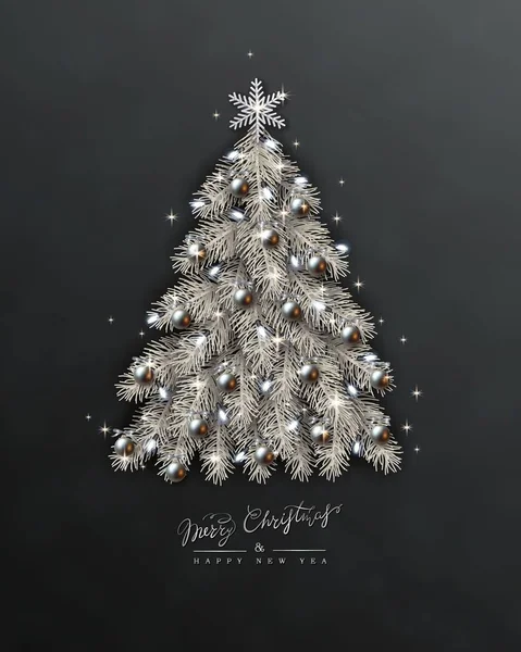 Νέο έτος και χριστουγεννιάτικο σχέδιο, λευκό Χριστουγεννιάτικο δέντρο, ασημένια μπάλα, λάμπα σε μαύρο — Διανυσματικό Αρχείο