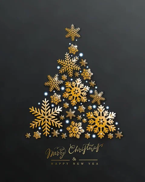 Christmas tree, golden snowflake, lights, black background. New Year Vector Design — Stock Vector