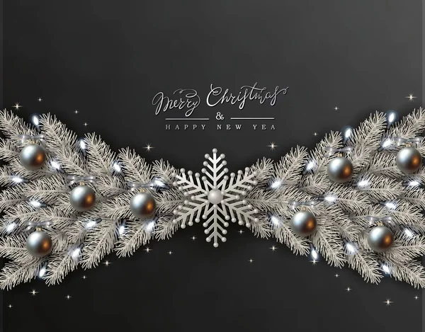 Black Christmas Design, Palline d'argento realistiche, Fiocco di neve bianco, Albero di Natale argentato — Vettoriale Stock
