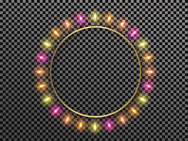 Runder Rahmen mit leuchtend bunten Glühbirnen Weihnachten und Neujahr Design — Stockvektor