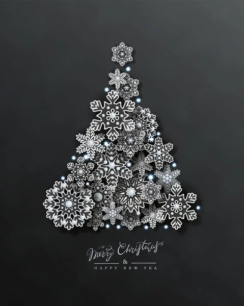 Νέο έτος σχεδιασμό χριστουγεννιάτικο δέντρο κατασκευασμένο από 3D ασημένιες νιφάδες σε μαύρο φόντο — Διανυσματικό Αρχείο