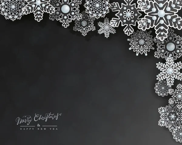 Progettazione di festa di Natale con fiocchi di neve 3d su sfondo nero. Vettore — Vettoriale Stock