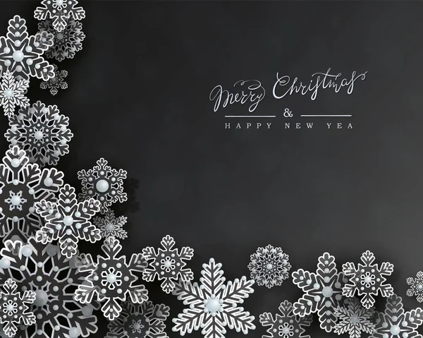 Návrh vánočního svátku s 3D sněhovými vločkami na černém pozadí. Vektorové — Stockový vektor
