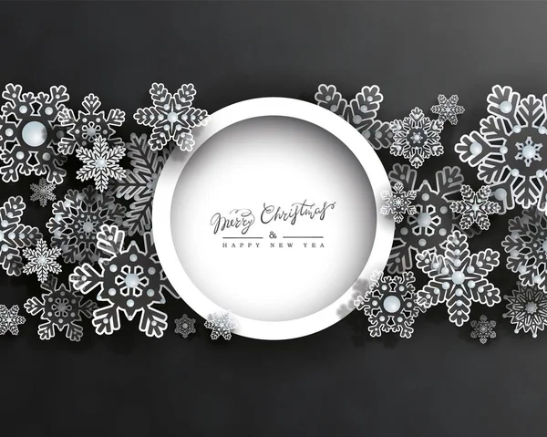 Diseño navideño con copos de nieve 3D sobre fondo negro. Vector — Vector de stock