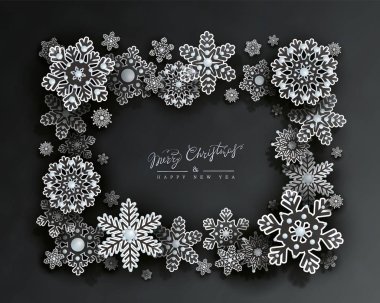 Siyah vektör arka plan üzerinde 3d kar taneleri ile Noel ve Yeni Yıl tasarımı