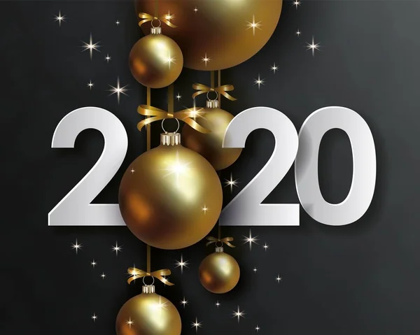2020Nuovo anno creativo data di progettazione. Numeri bianchi, palle d'oro 3d, sfondo nero — Vettoriale Stock