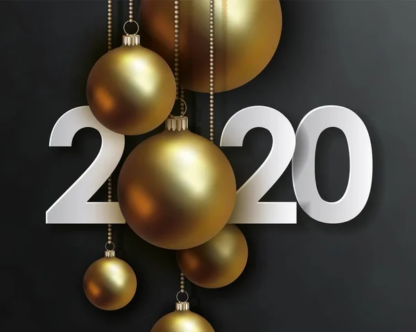 2020 Nuovo anno creativo data di progettazione. Numeri bianchi, palle d'oro 3d, sfondo nero — Vettoriale Stock
