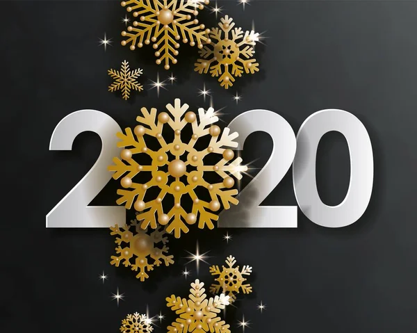 2020 Año Nuevo diseño creativo. Números blancos, copos de nieve de oro 3d, fondo negro — Vector de stock