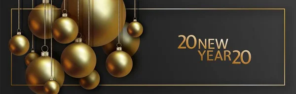Jul och nyår design med realistiska gyllene bollar på svart bakgrund — Stock vektor