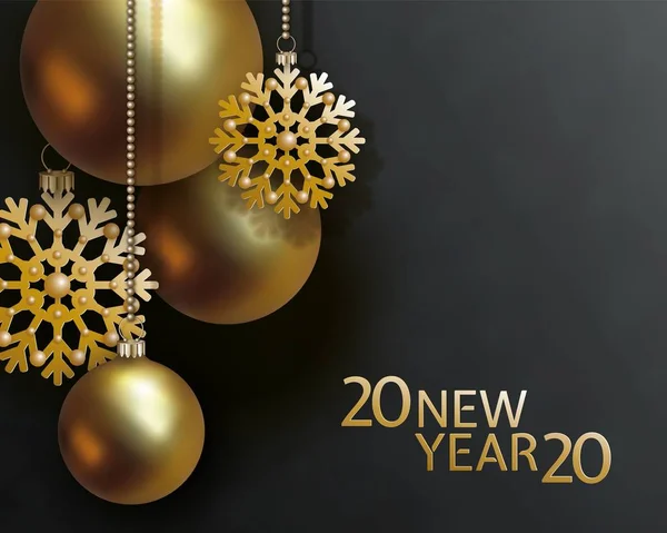 2020 nytt år och jul design. 3D-bollar och snöflingor på svart bakgrund — Stock vektor
