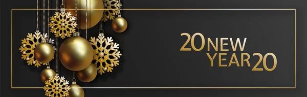 Natale e Capodanno design, palle d'oro e fiocchi di neve su sfondo nero — Vettoriale Stock
