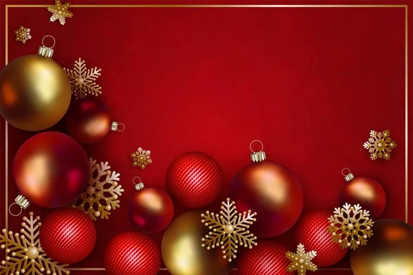Natal e design de Ano Novo. Bolas douradas e vermelhas e flocos de neve. Vetor —  Vetores de Stock