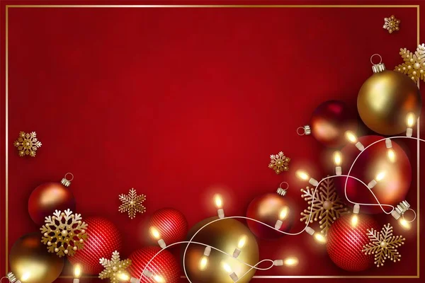 크리스마스와 새해 디자인 황금과 빨간 공, 전구, 눈송이. 벡터 — 스톡 벡터