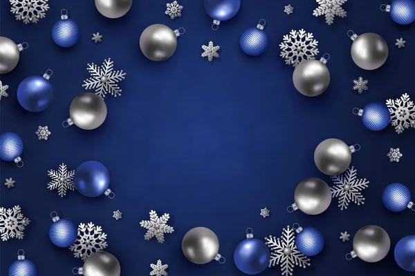 크리스마스와 새해 디자인 실버와 블루 공, 눈송이 벡터 배너 — 스톡 벡터