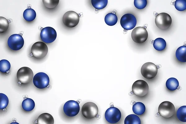 Diseño de Navidad y Año Nuevo Bola de plata y azul en banner Vector blanco — Vector de stock