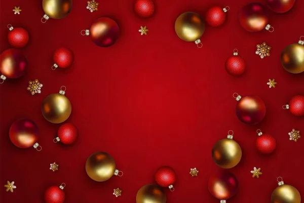 크리스마스와 새해 디자인 실버와 빨간 공, 눈송이 벡터 배너 — 스톡 벡터