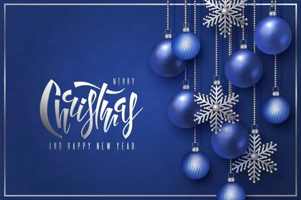 Vrolijk kerstfeest Gelukkig nieuwjaar ontwerp, belettering, blauwe bal zilveren sneeuwvlok — Stockvector