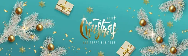 Noel turkuvazı altın beyazı tasarımı. Noel ağacı, top, kar tanesi, hediye kutusu.