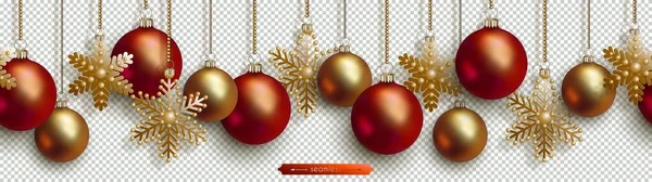 Різдво Новий рік Безшовні Векторні Кордони Золота Сніжинка Золотий Червоний м'яч — стоковий вектор