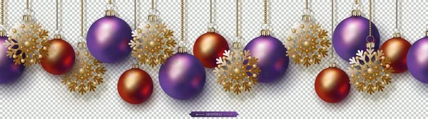 Navidad Año Nuevo sin costuras Vector Border Golden Snowflake Red Purple Ball — Archivo Imágenes Vectoriales