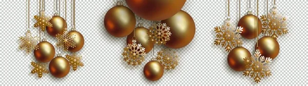 Navidad y Año Nuevo de oro bola de Navidad copos de nieve en la cadena, vector — Vector de stock