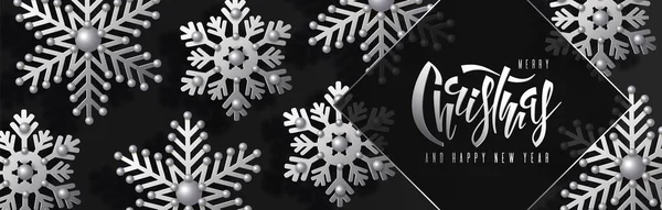 装飾的な銀の雪の結晶とレタリングとクリスマス水平バナー — ストックベクタ