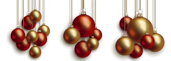 Kerstmis en Nieuwjaar rood gouden kerstbal sneeuwvlokken op ketting, vector — Stockvector