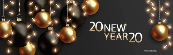 2020 Design di Capodanno, ghirlanda di lampadina incandescente, palle 3d nere e dorate — Vettoriale Stock