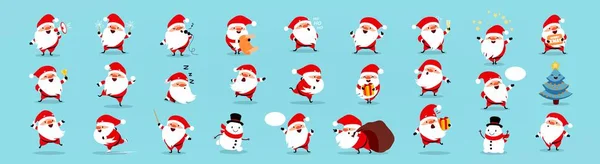 Noel Baba büyük Noel ve yeni yıl seti. Farklı duygulara ve durumlara sahip komik Noel Baba çizgi filmi seti. Açık mavi arkaplanda izole edilmiş vektör illüstrasyonu